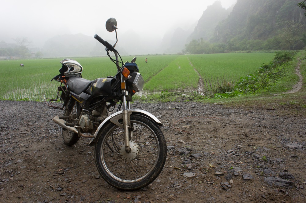 Bike glamour shot with karst and rice paddies.